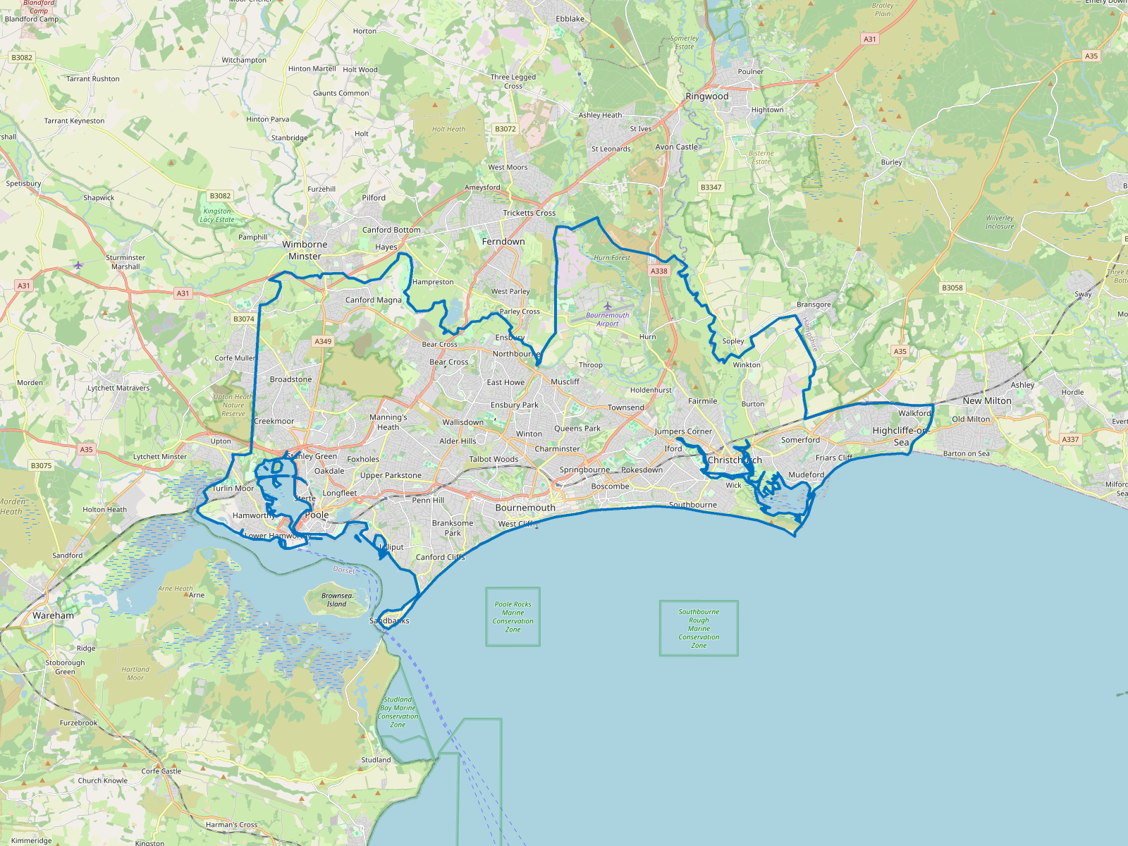 Map of Bournemouth, Christchurch and Poole