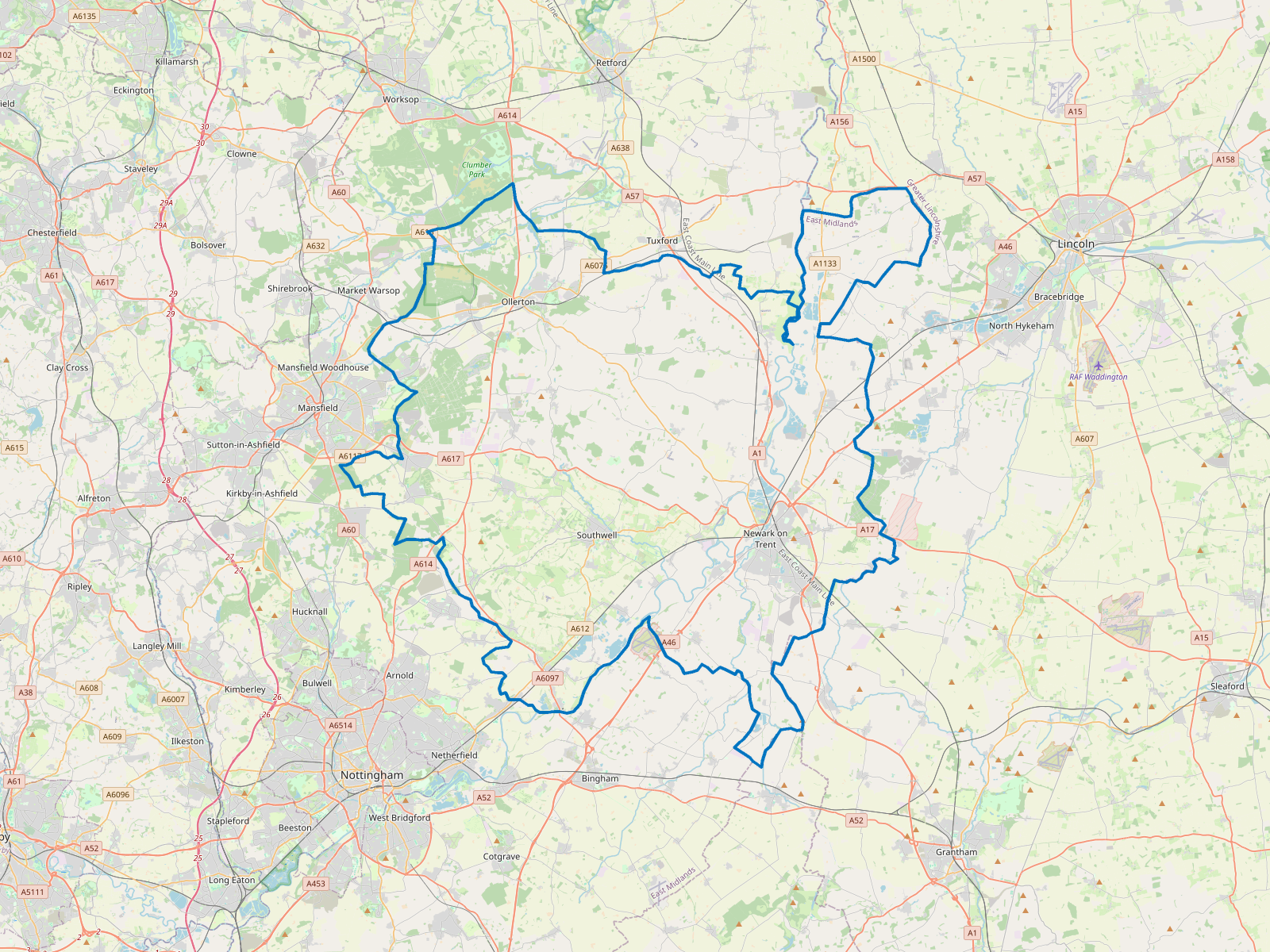 Map of Newark and Sherwood
