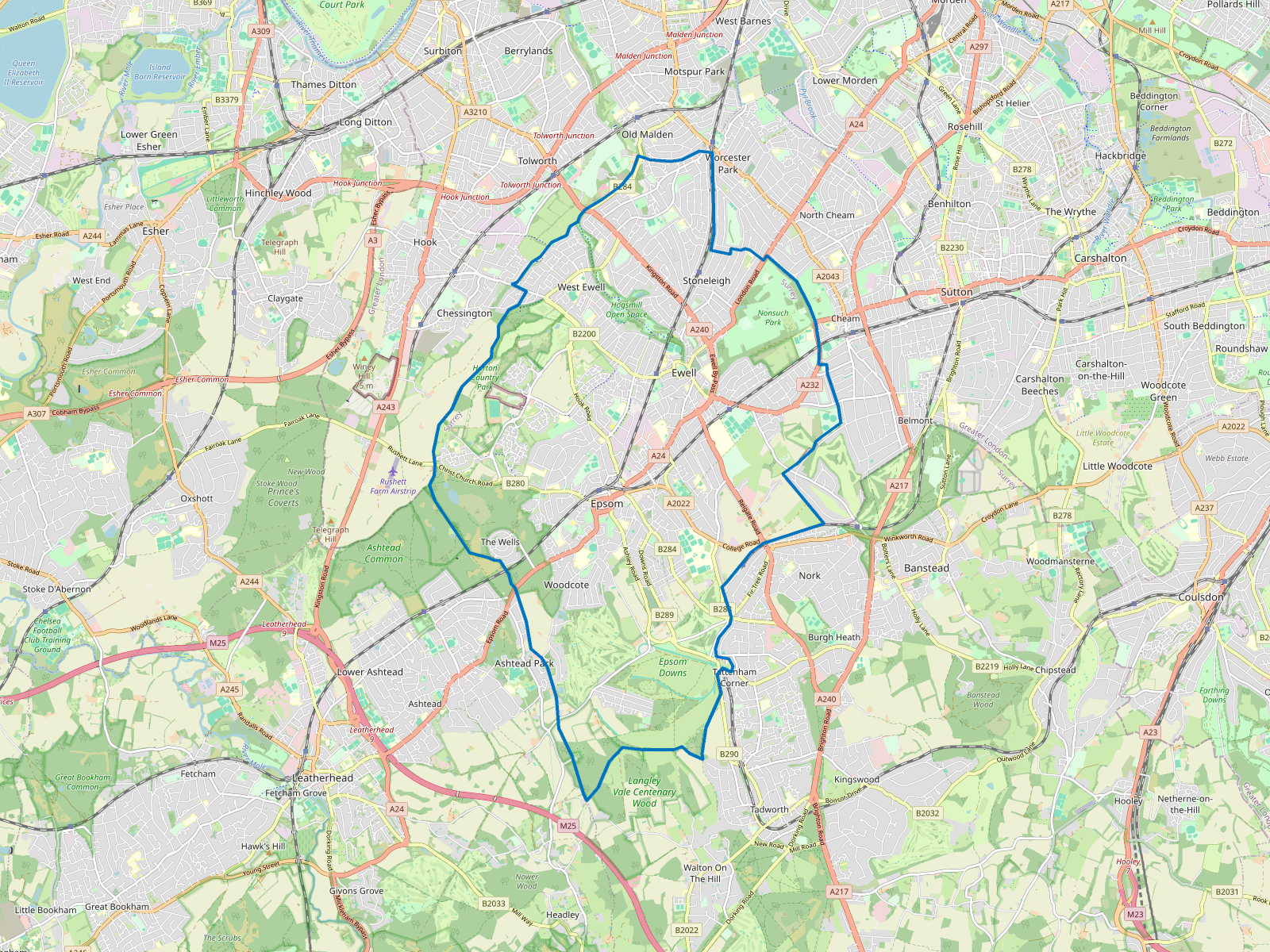 Map of Epsom and Ewell